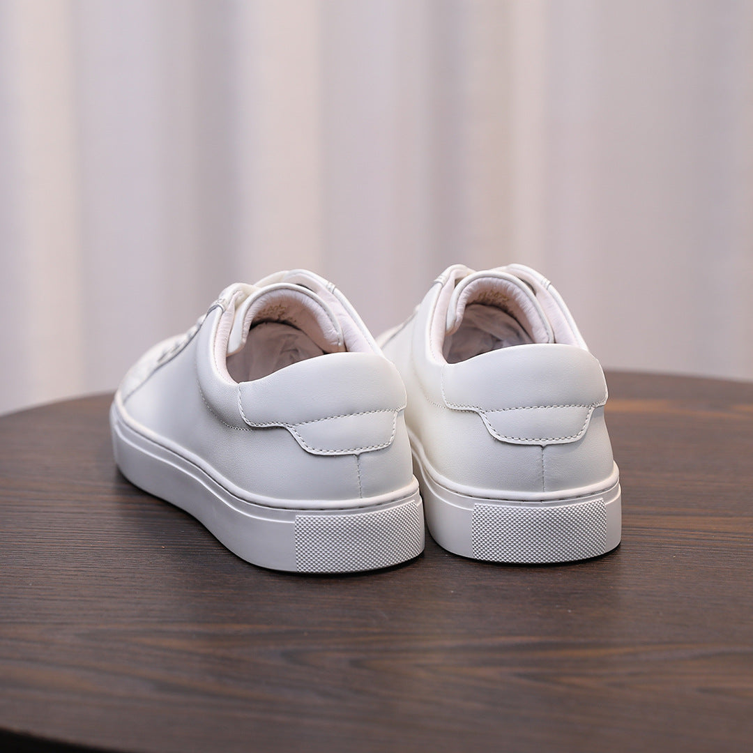 Men's white leather sneakers, back view with padded heel and grippy sole.