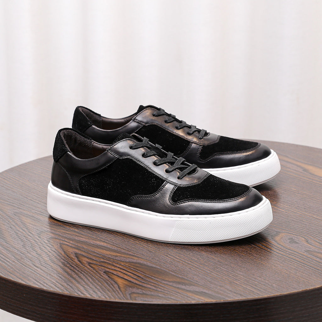Men's leather sneakers in black, lace-up low-top with white rubber sole