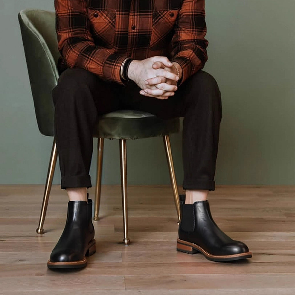 Men's Leather Contrast Welt Lug Sole Chelsea Dress Boots