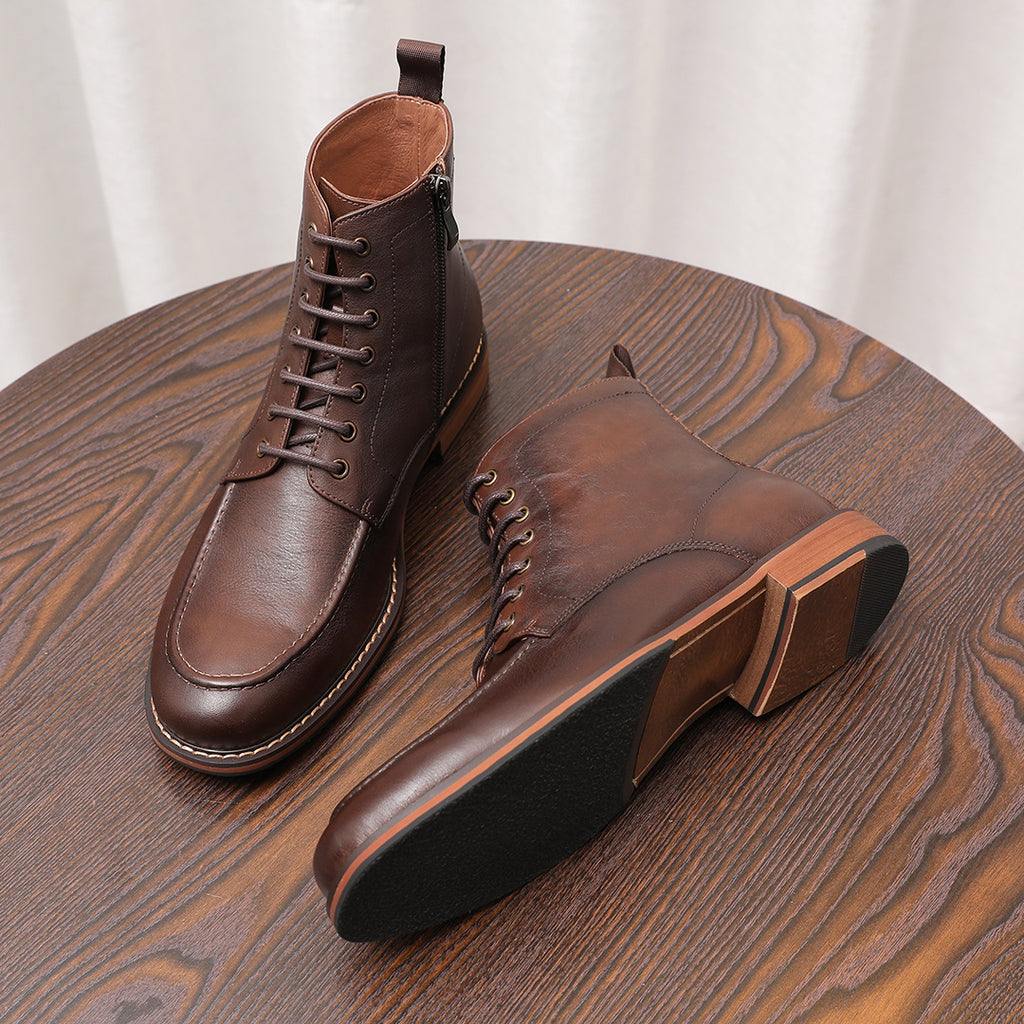 Brown leather side-zip ankle boot pair with lace-up fronts and block heel sole