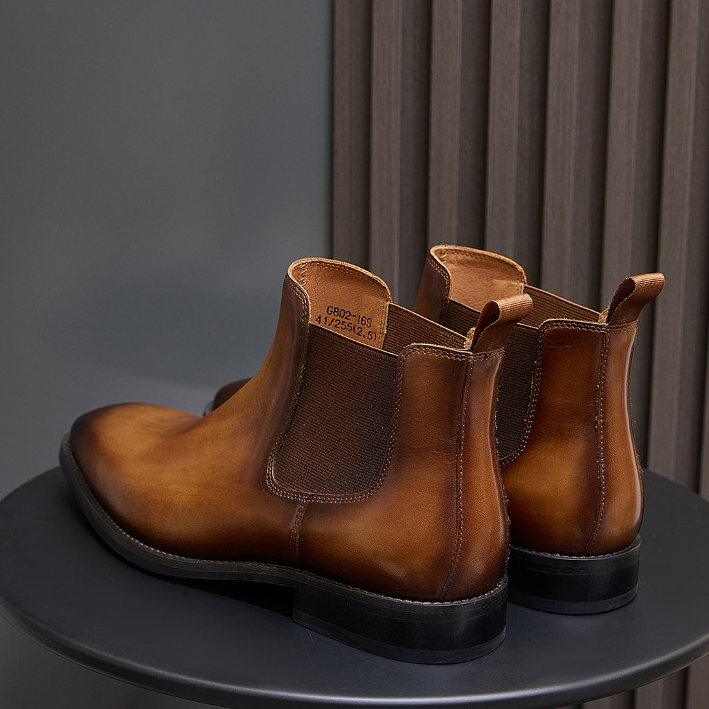 Burnished Leather Plain Toe Chelsea Boots for Men