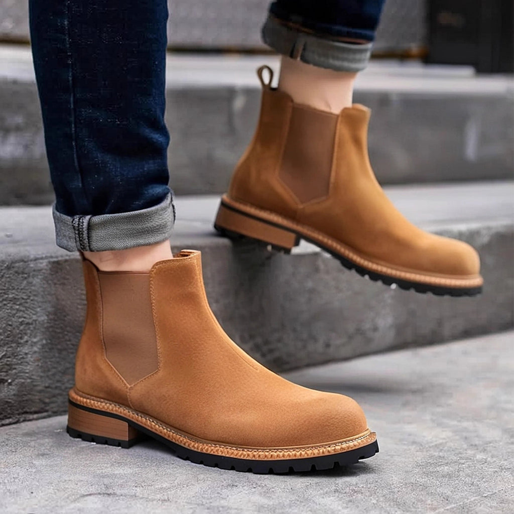 Round Plain Toe Suede Contrast-Welt Chelsea Boots for Men