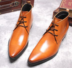 Men's lace-up dress boots, cognac leather with low profile sole and 3-eyelet lacing