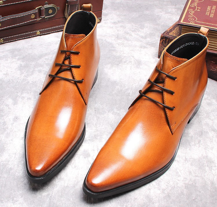 Men's lace-up dress boots, cognac leather with low profile sole and 3-eyelet lacing