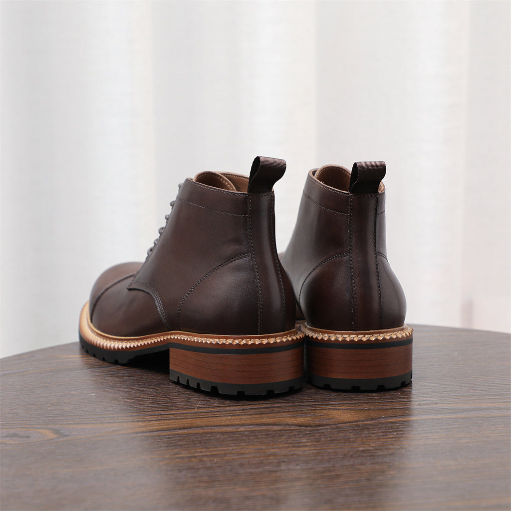 Cap Toe Leather Contrast-Welt Lace-Up Boots for Men