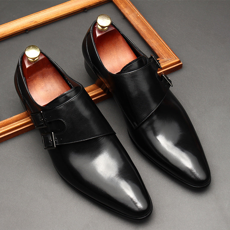 Stylish black pointed toe double buckle dress shoes for men by BOMEI