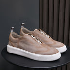 Men's suede leather sneakers in light taupe with white rubber sole and lace-up