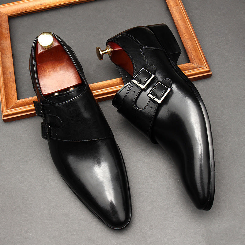 BOMEI Men's Black Double Monk Strap Shoes with classic silver buckles