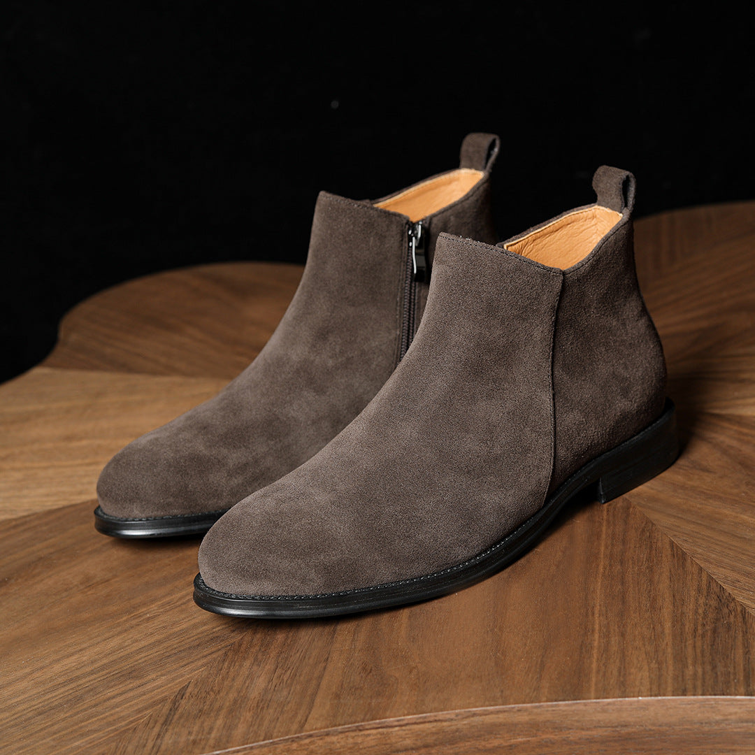 Men's dark gray suede dress boots with pointed toe and side zipper