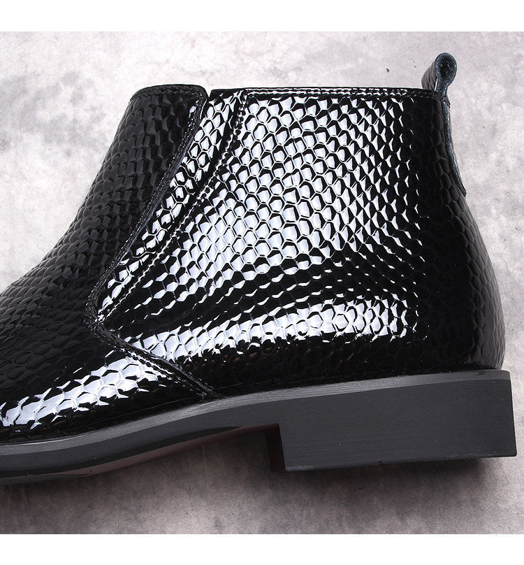Men's black textured leather ankle boot with side zip and thick sole