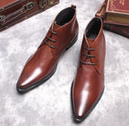 Men's lace-up dress boots, dark brown leather with V-notch vamp and rounded toe