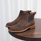 Dark brown suede chelsea dress boots, pointed toe, elastic gore and pull tabs