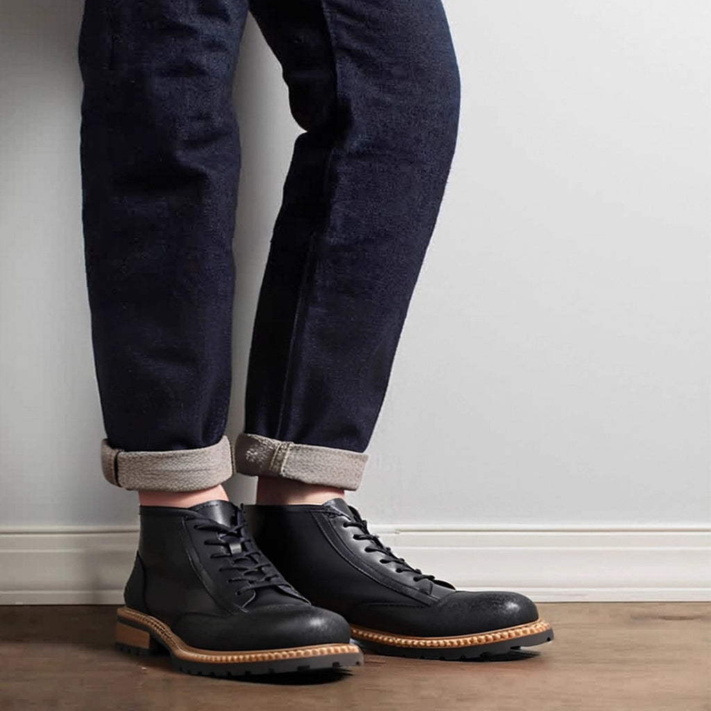 Men's Leather Textured Cap Toe Lug Sole Lace-Up Boots