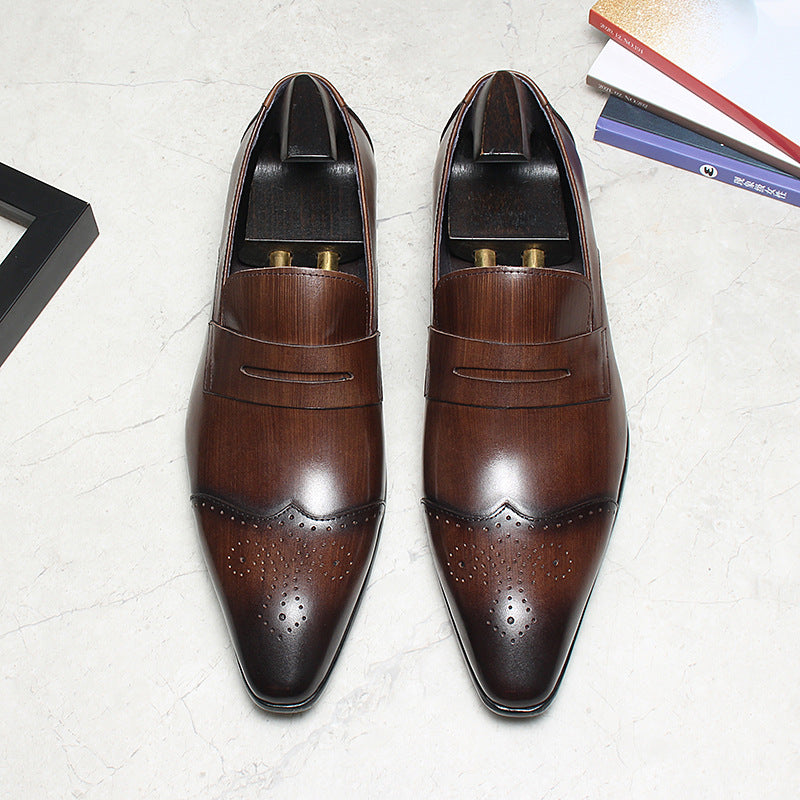 Brogue Slip-On Men's Business Casual Loafers Pointed Toe Dress Shoes