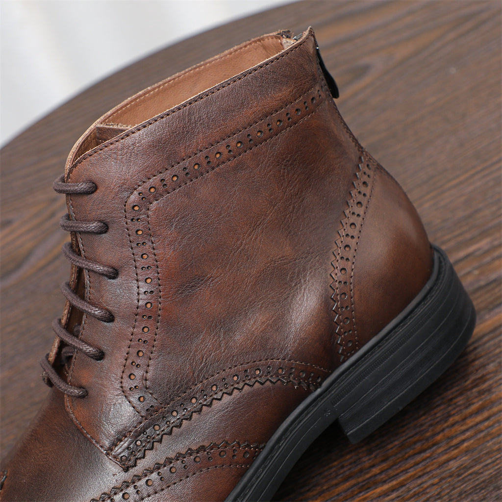 Burnished Wingtip Brogue Leather Back-Zip Boots for Men