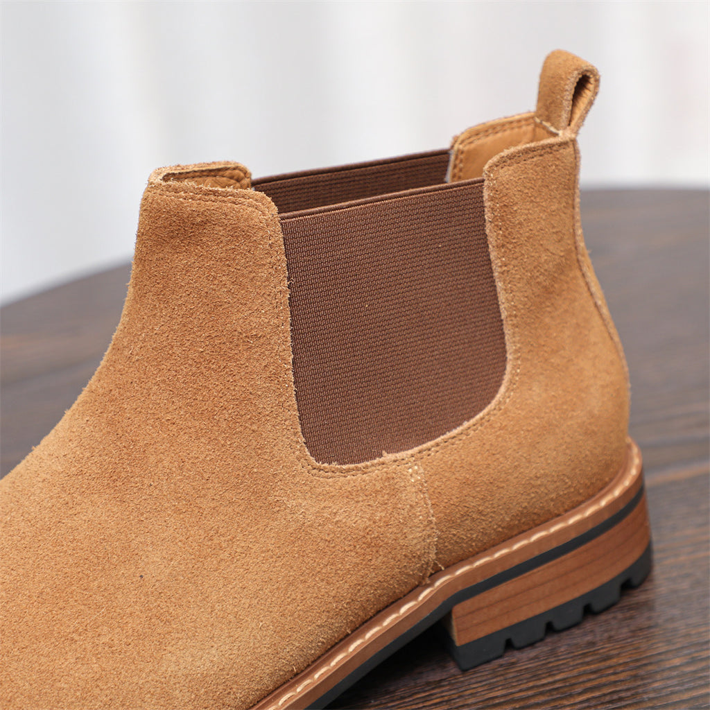 Men's suede chelsea dress boot in tan/brown with elastic side gore and pointed toe