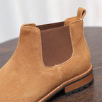 Men's suede chelsea dress boot in tan/brown with elastic side gore and pointed toe
