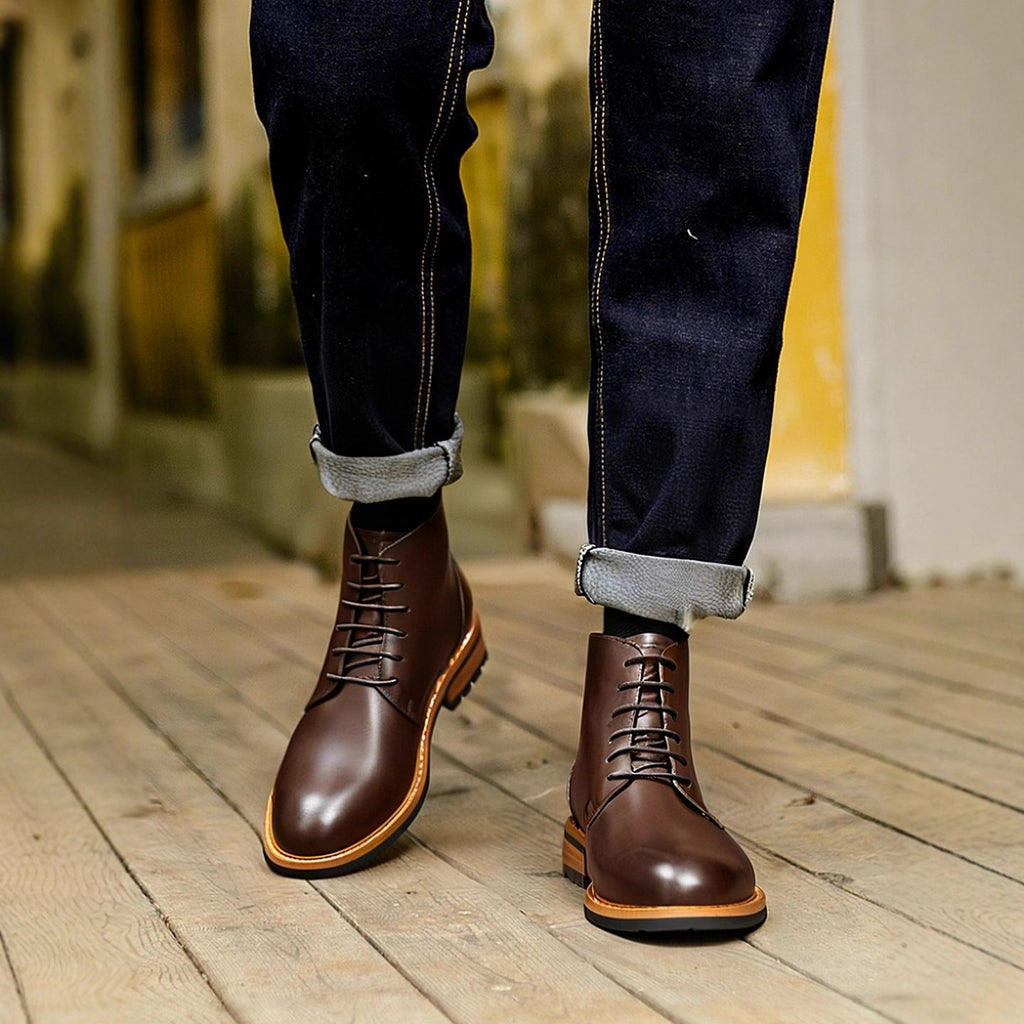 Men's pointed-toe dark brown leather ankle boots with lace-up closure and welt stitching