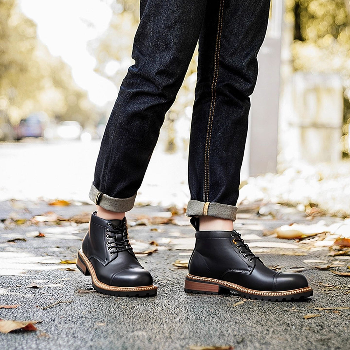 Cap Toe Leather Contrast-Welt Lace-Up Boots for Men