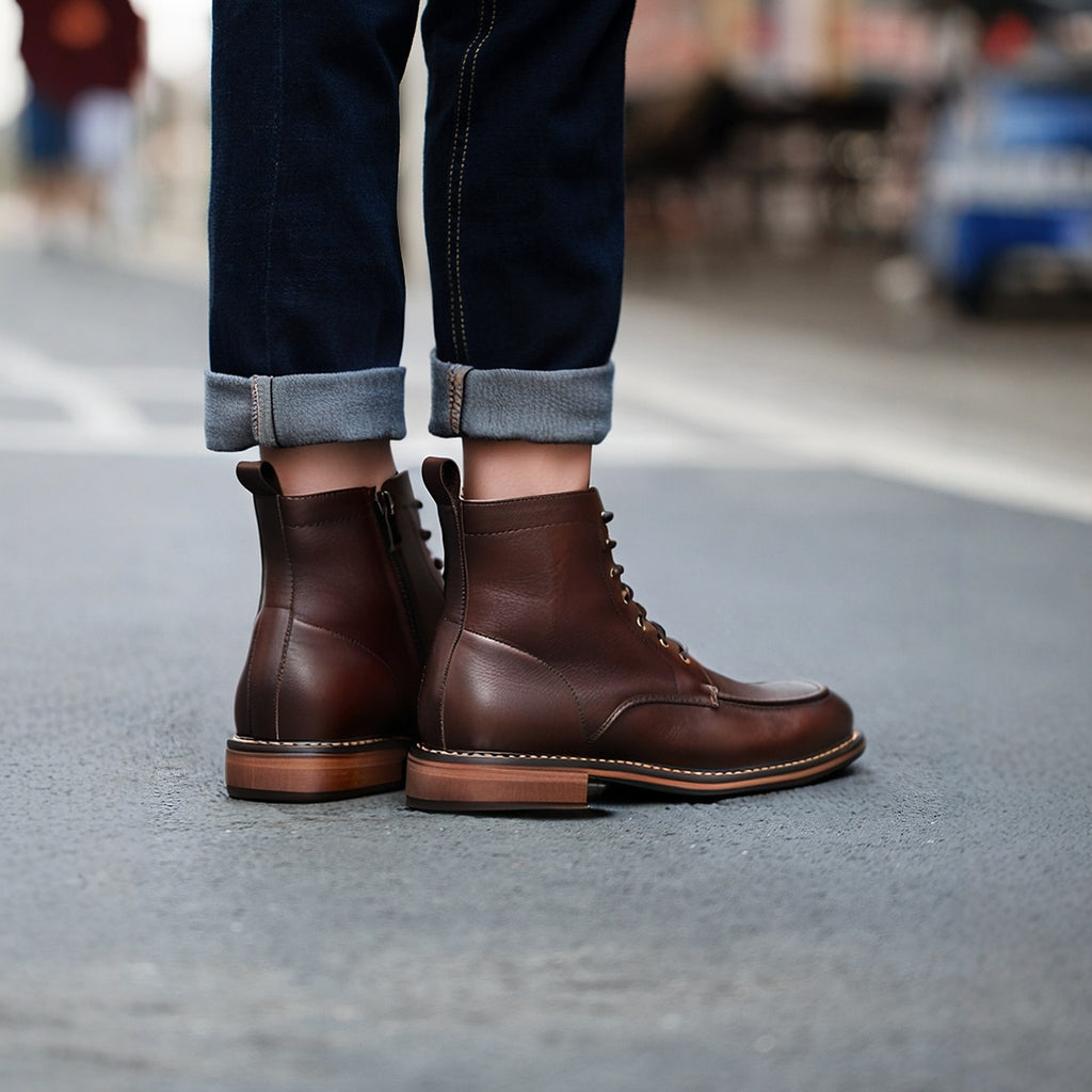 Men's Leather Moc Toe Side-Zip Lace-Up Ankle Boots