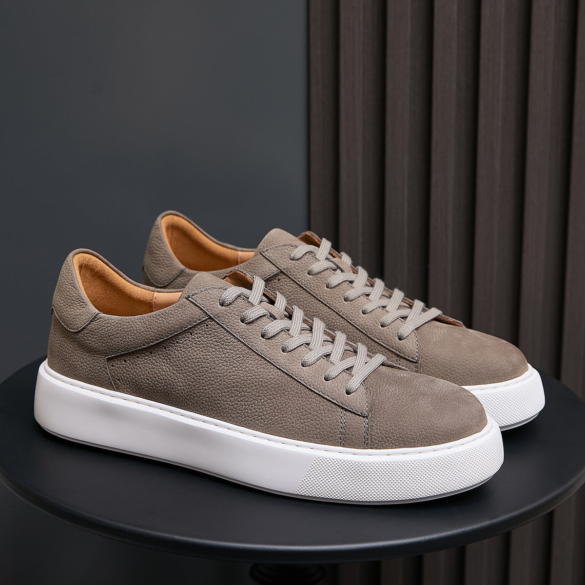 Men's genuine leather sneakers, taupe, low-top lace-up with white rubber sole