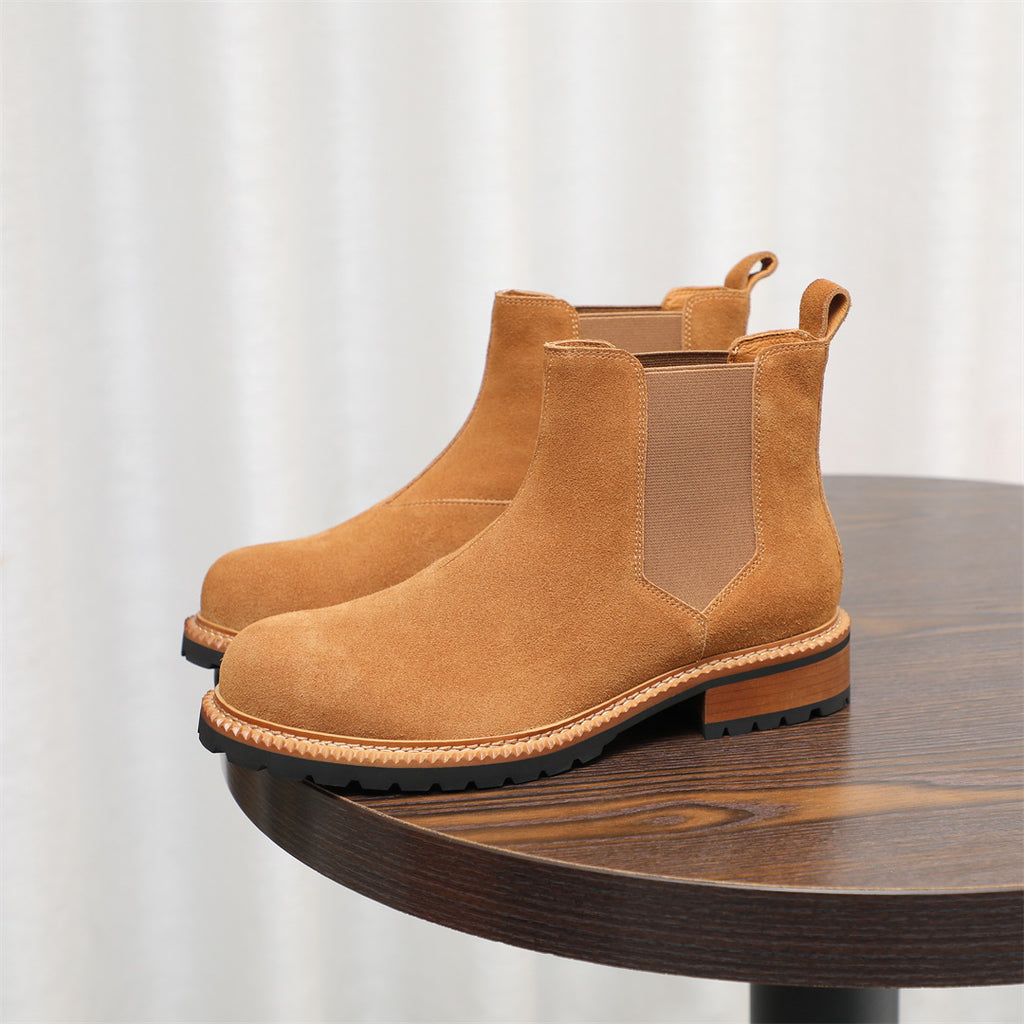 Round Plain Toe Suede Contrast-Welt Chelsea Boots for Men