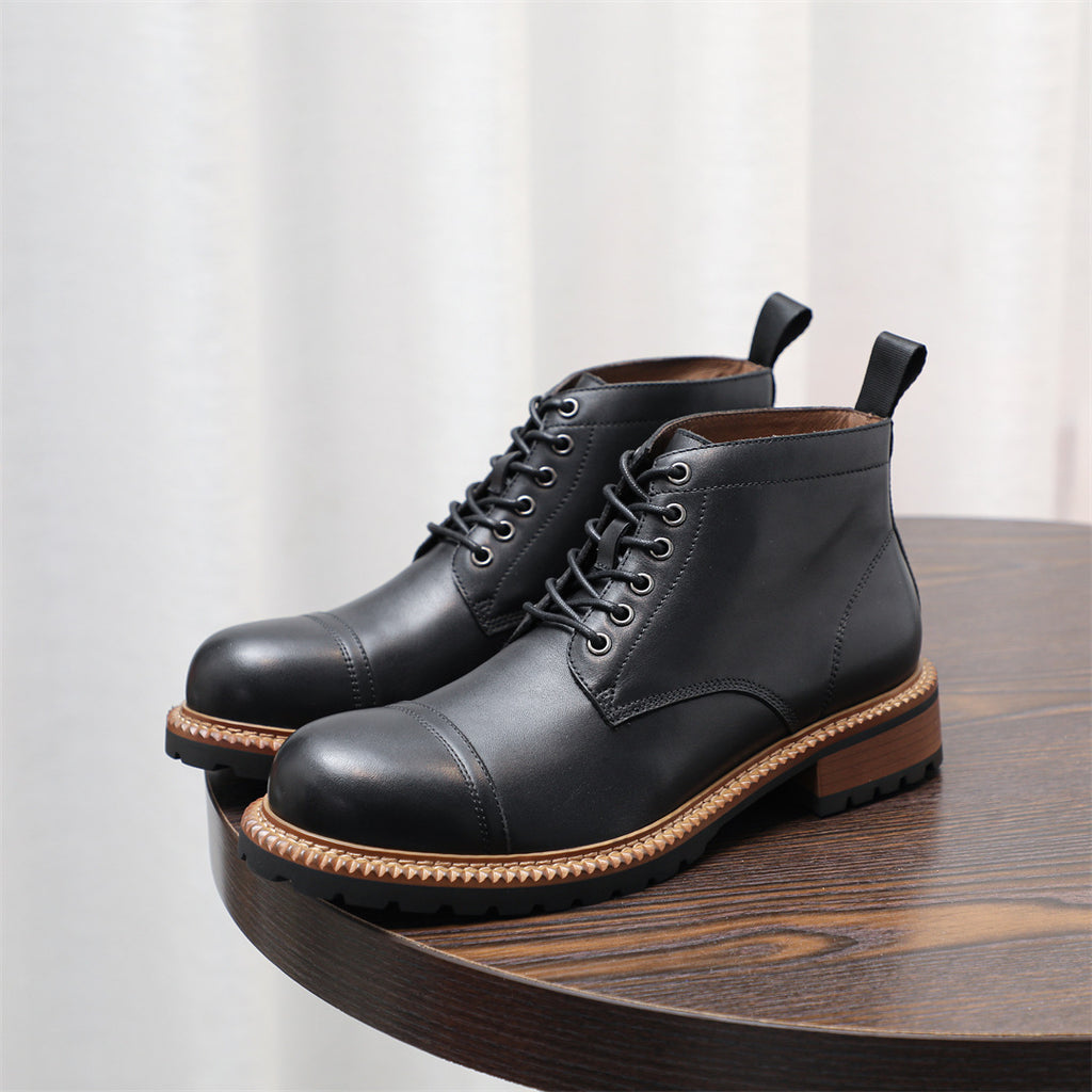Cap Toe Leather Contrast-Welt Lace-Up Boots for Men