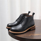 Cap Toe Leather Contrast-Welt Lace-Up Boots for Men