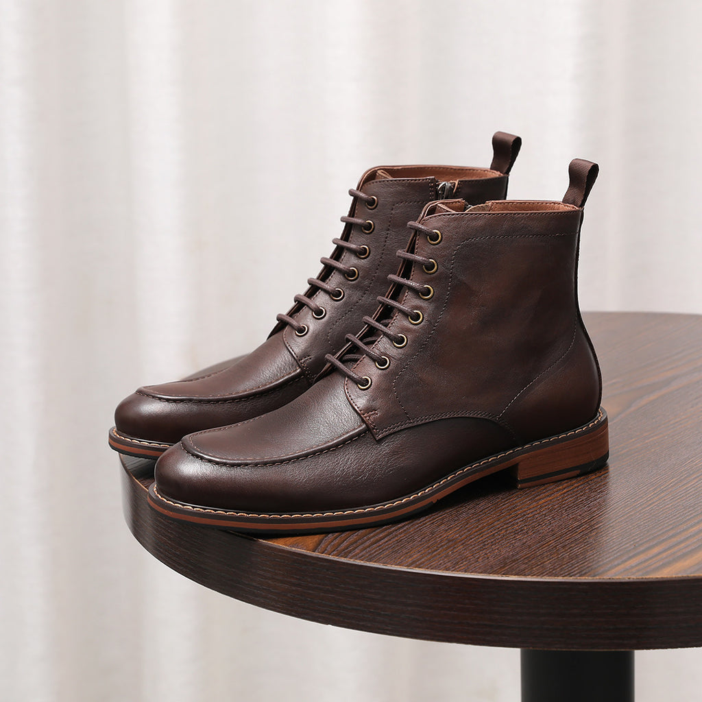 Men's Leather Moc Toe Side-Zip Lace-Up Ankle Boots