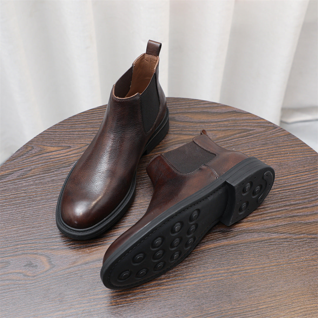 Men's Leather Plain Toe Elastic Gore Chelsea Dress Boots