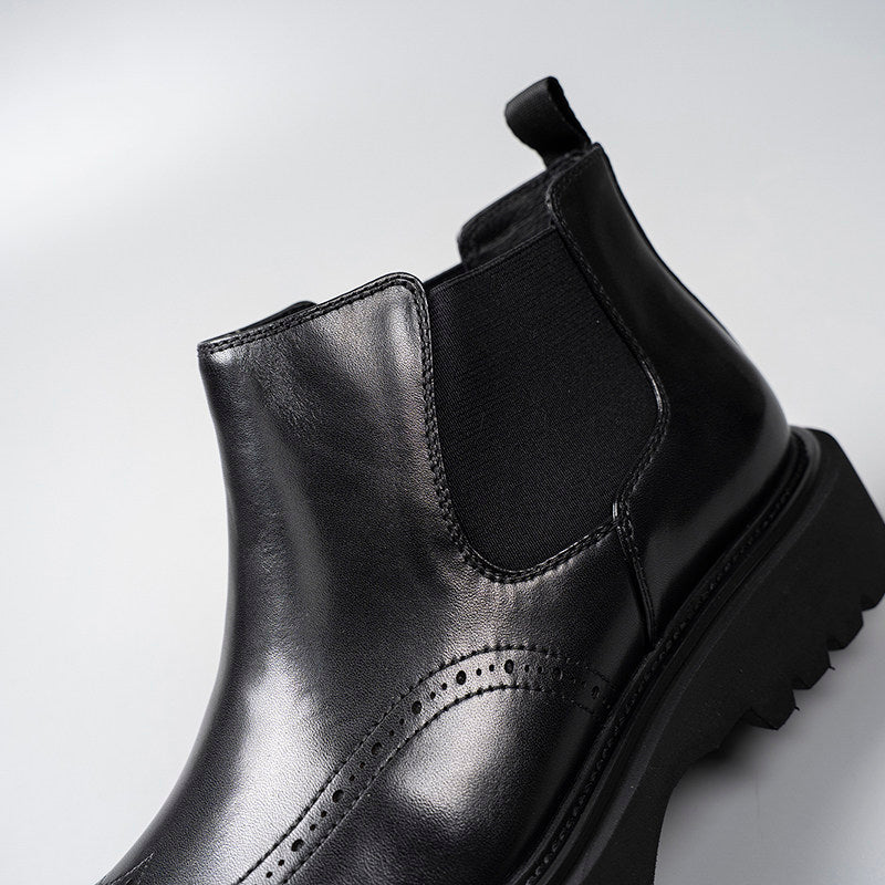 Black leather Chelsea boot upper with elastic gore panel and heel pull tab