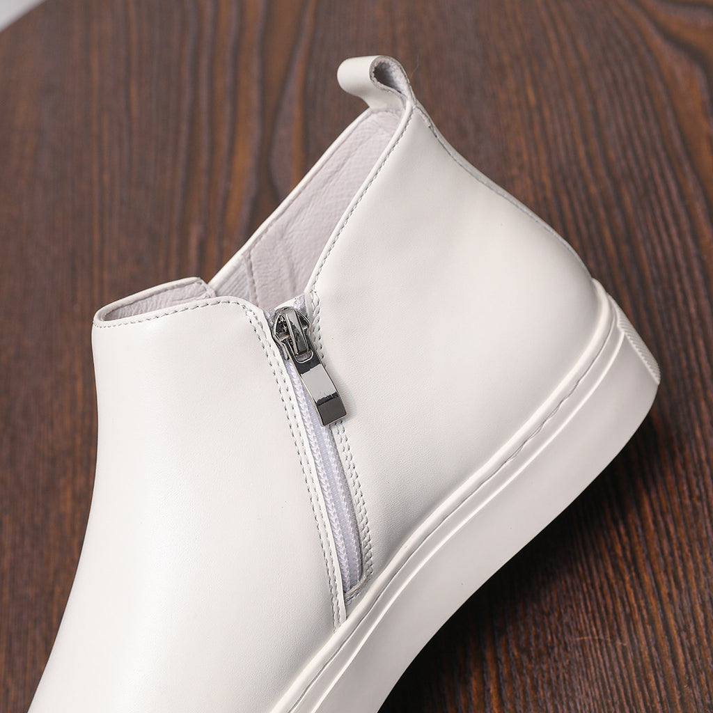 Men's point-toe leather side-zip dress boot, white upper with metal zipper detail