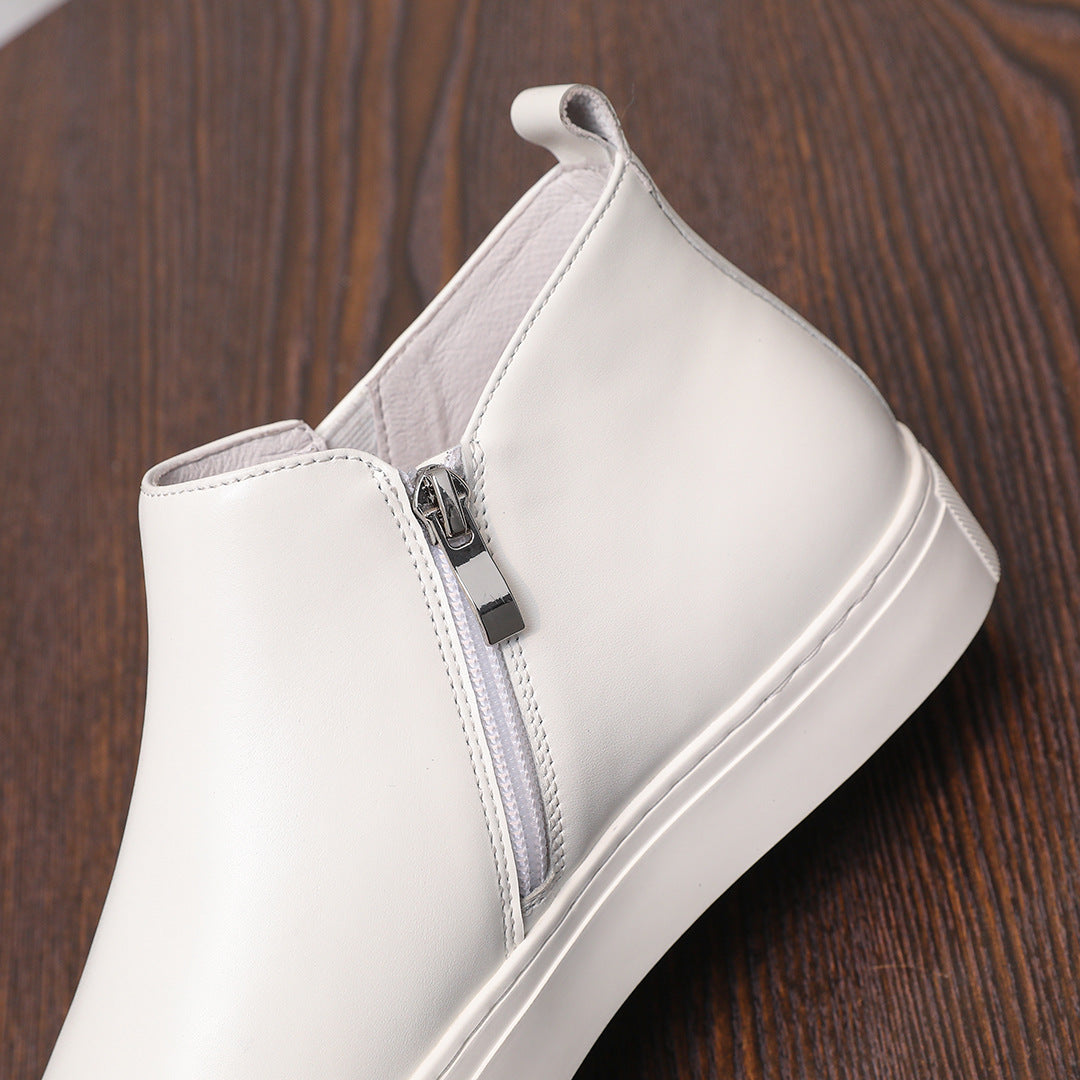 Men's point-toe leather side-zip dress boot, white upper with metal zipper detail
