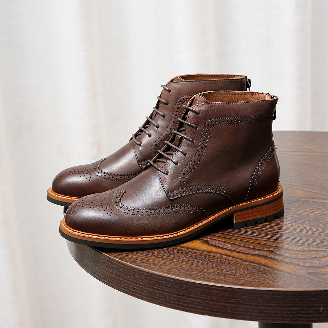 Men's Leather Wingtip Brogue Back-Zip Ankle Dress Boots
