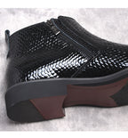Men's black textured leather ankle boots, side zip, thick stacked sole detail