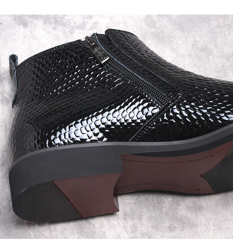 Men's black textured leather ankle boots, side zip, thick stacked sole detail