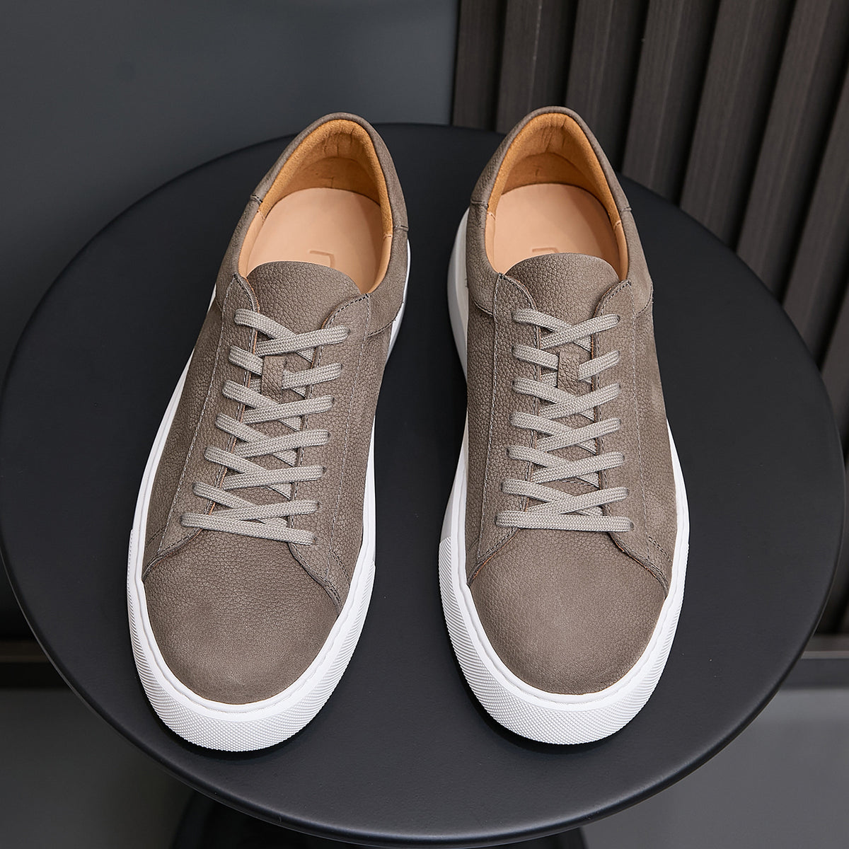 Men's genuine leather sneakers, taupe, lace-up with white sidewall and textured upper