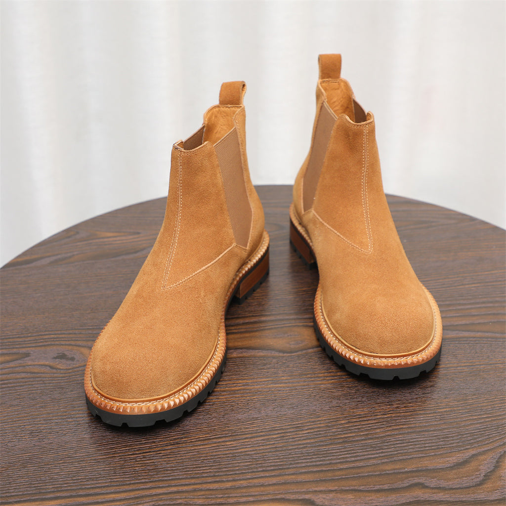 Round Plain Toe Suede Contrast-Welt Chelsea Boots for Men