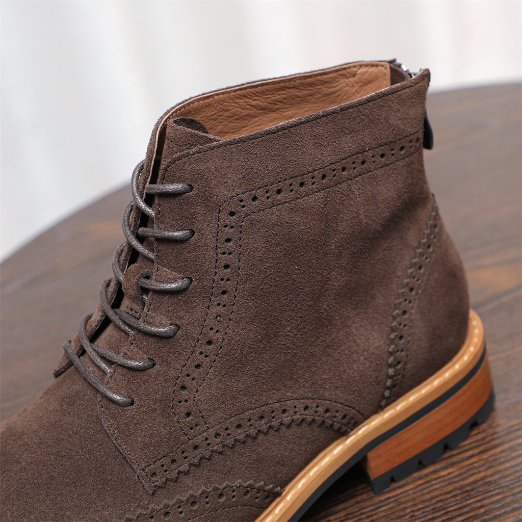 Wingtip Brogue Suede Back-Zip Lace-Up Boots for Men