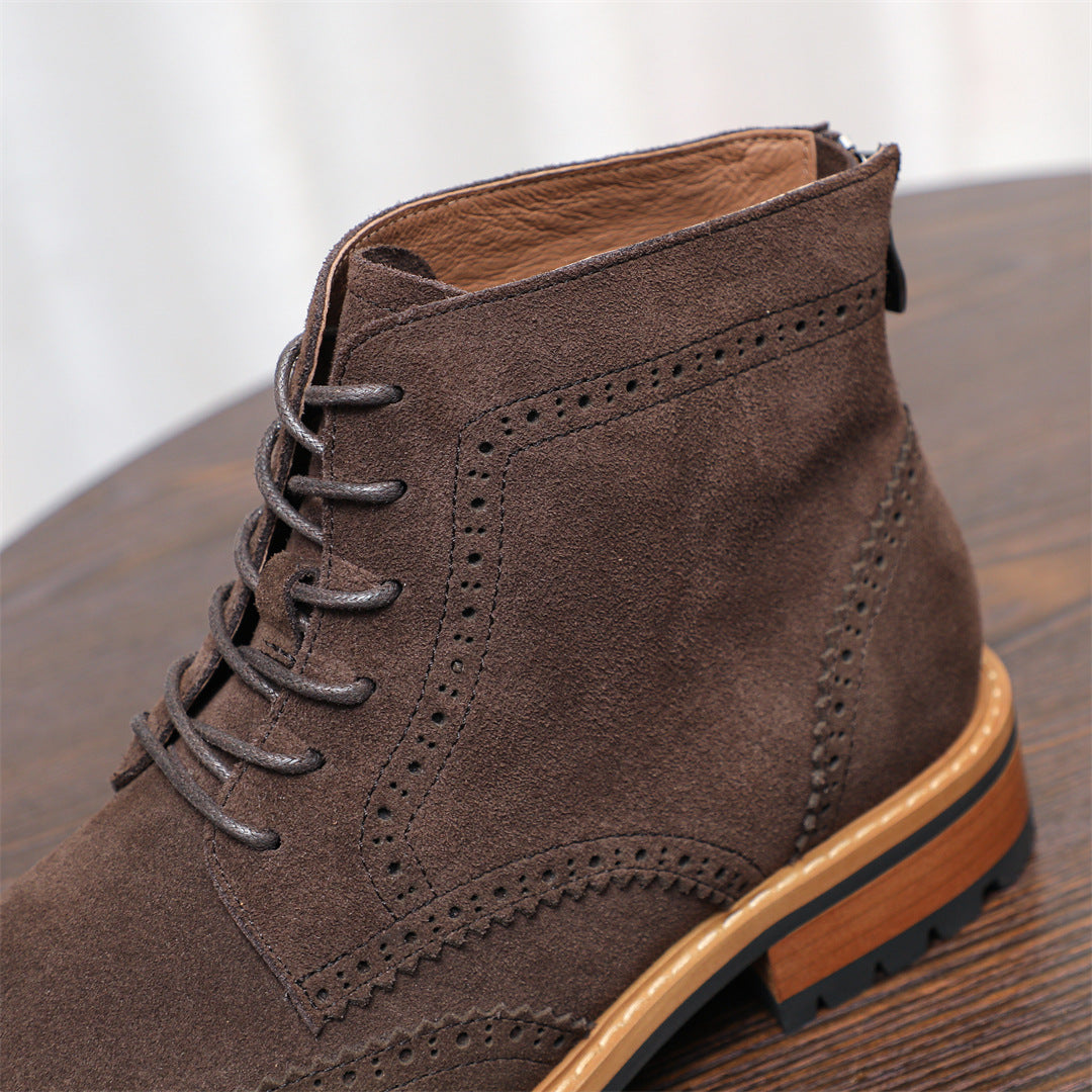 Wingtip Brogue Suede Back-Zip Lace-Up Boots for Men