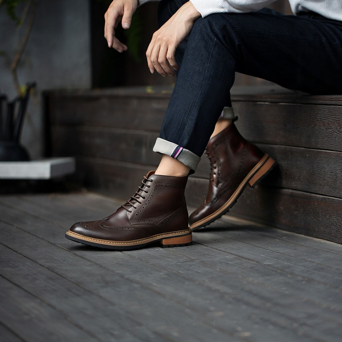 Wingtip Brogue Leather Back-Zip Lace-Up Boots for Men