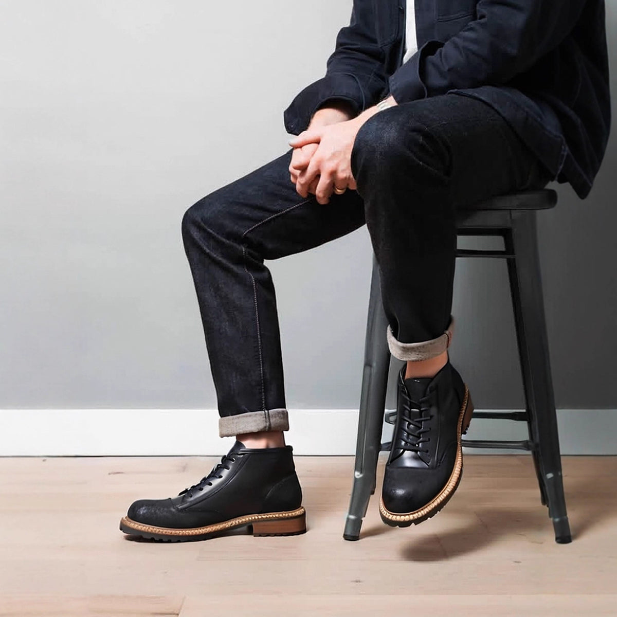 Men's Leather Textured Cap Toe Lug Sole Lace-Up Boots