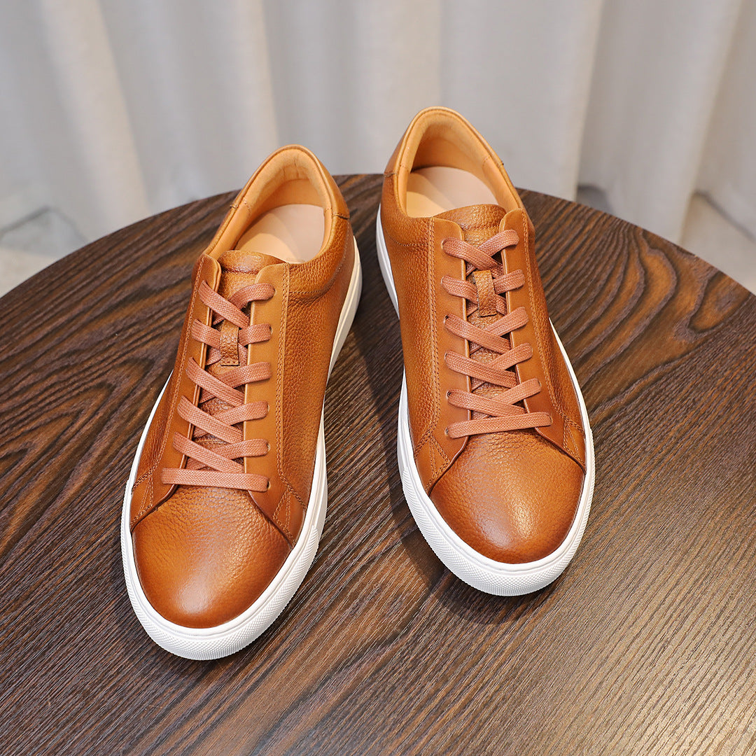 Men's leather sneakers, brown/cognac, lace-up design with white rubber sole
