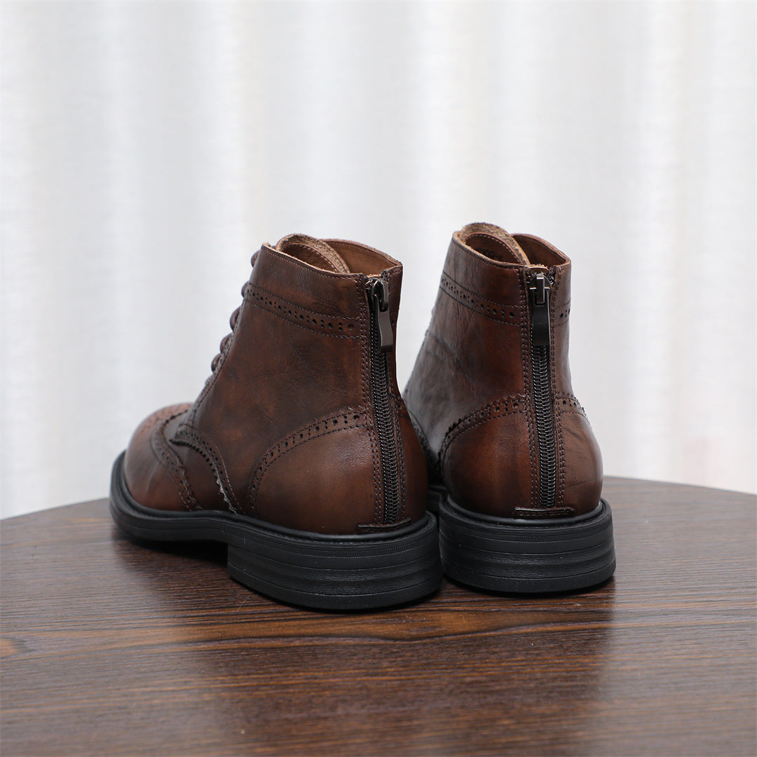 Burnished Wingtip Brogue Leather Back-Zip Boots for Men
