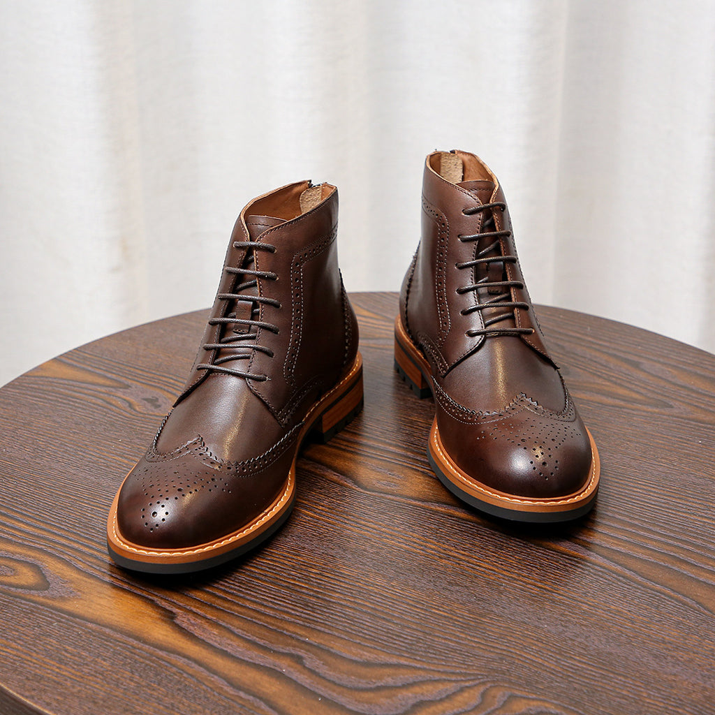 Men's Leather Wingtip Brogue Back-Zip Ankle Dress Boots