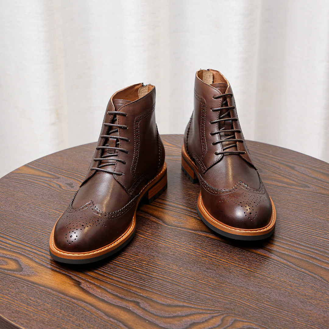 Men's Leather Wingtip Brogue Back-Zip Ankle Dress Boots