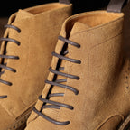 Men's tan suede chukka boots, lace-up with padded collar and stitched panel details