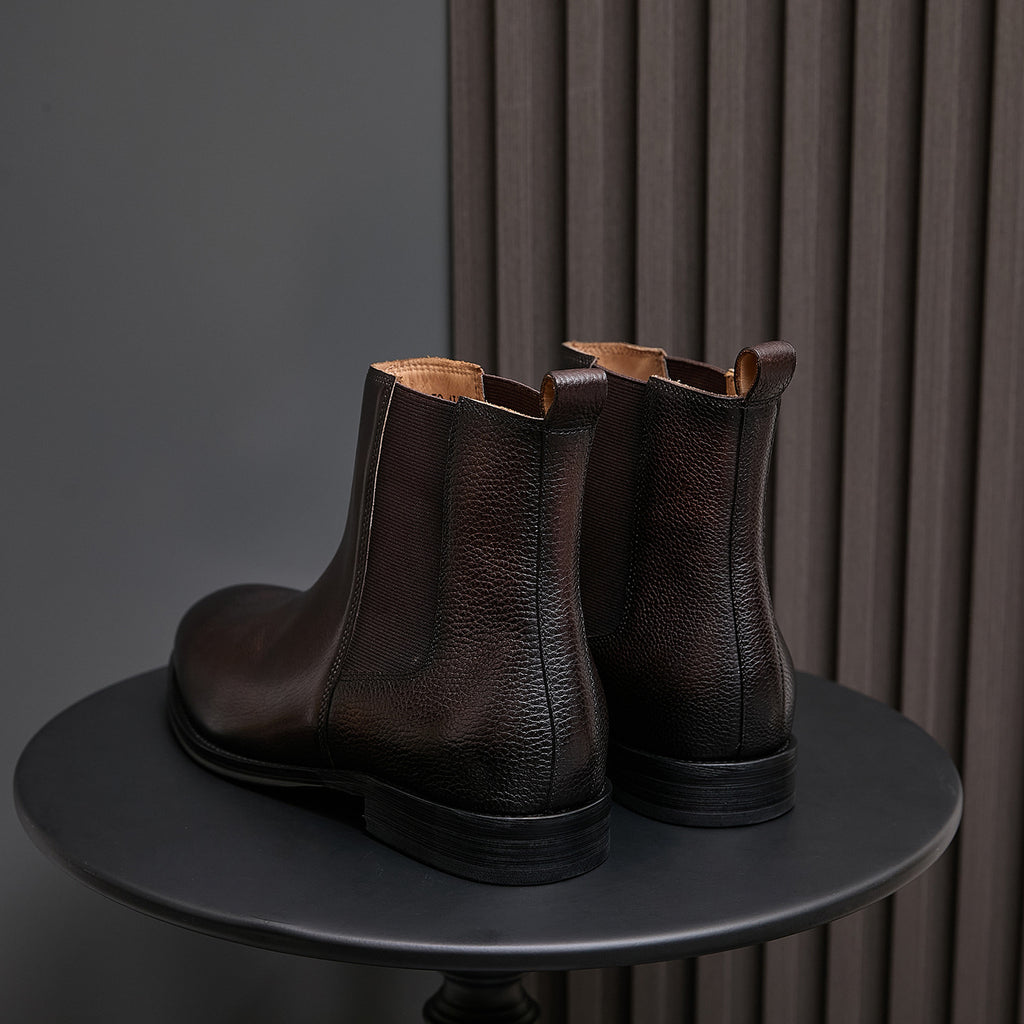 Men's chelsea dress boots, dark brown leather, pointed toe, elastic side panels