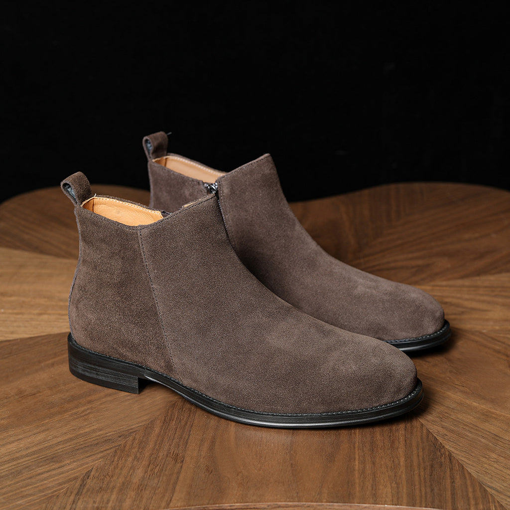 Men's dark gray suede side-zip dress boots with low heel and pointed toe