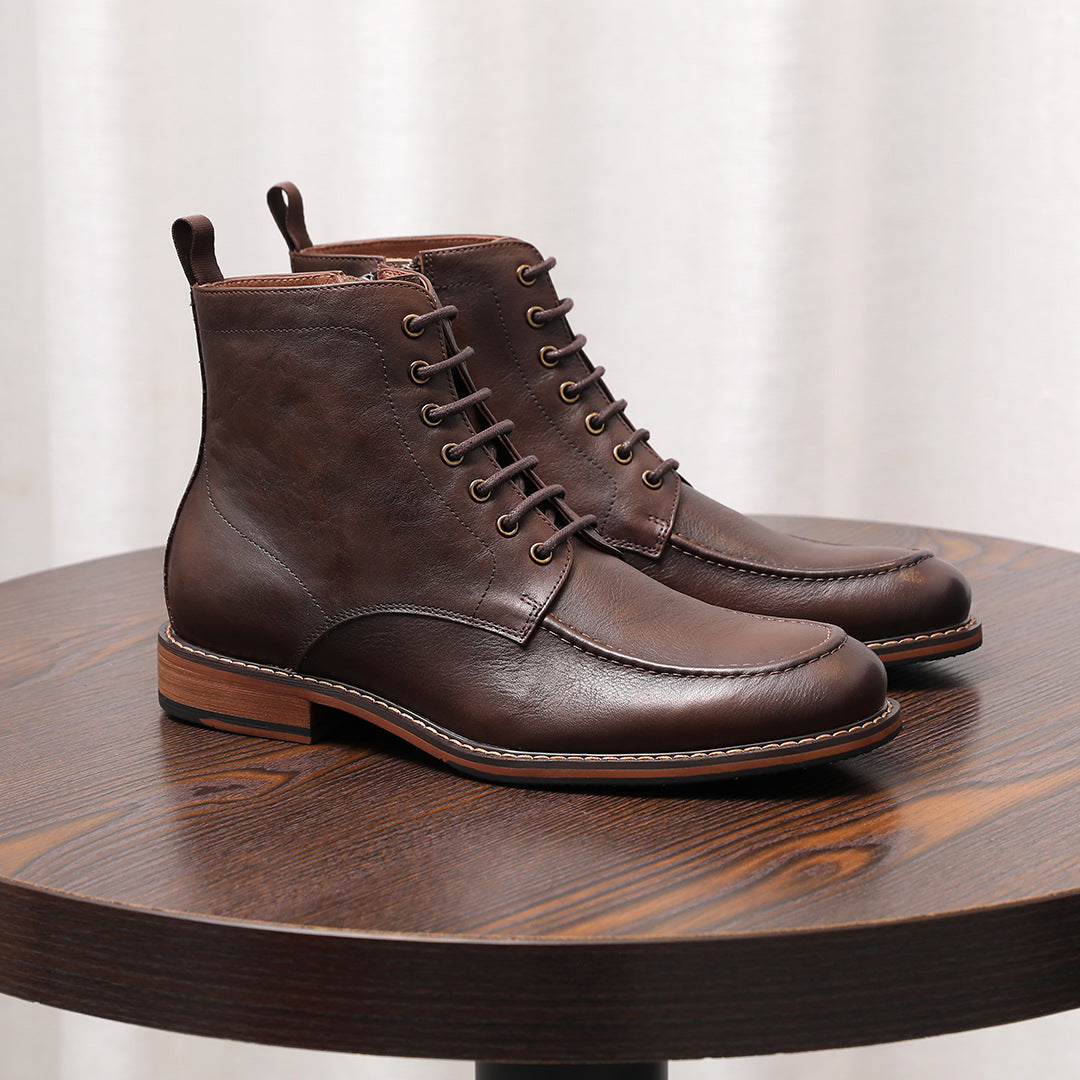 Men's Leather Moc Toe Side-Zip Lace-Up Ankle Boots